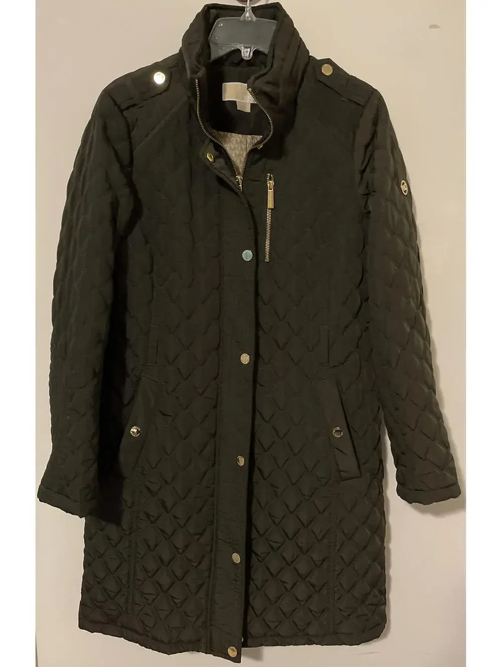 Michael Kors Womens Small Olive Green Long Full Zip/Button Quilted Coat! M102